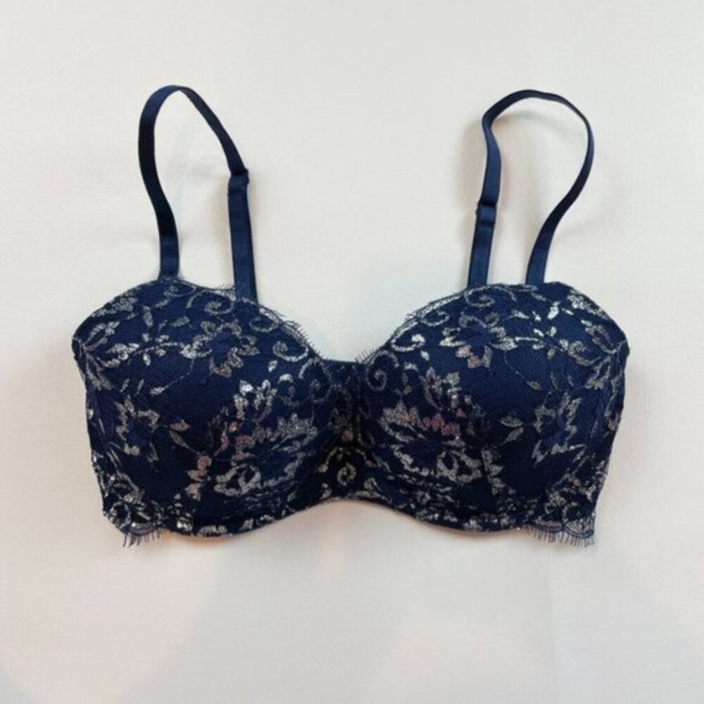 NWOT Victoria's Secret Bra 32D Dream Angels Padded No-Wire Blue Silver Floral